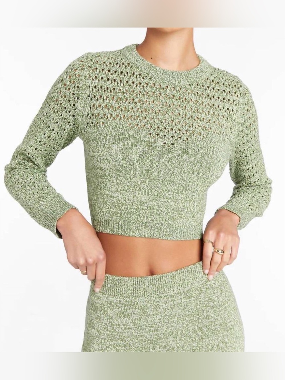 Amanda Uprichard Jayla Cropped Knit Crewneck Sweater in Sage Green Size Medium